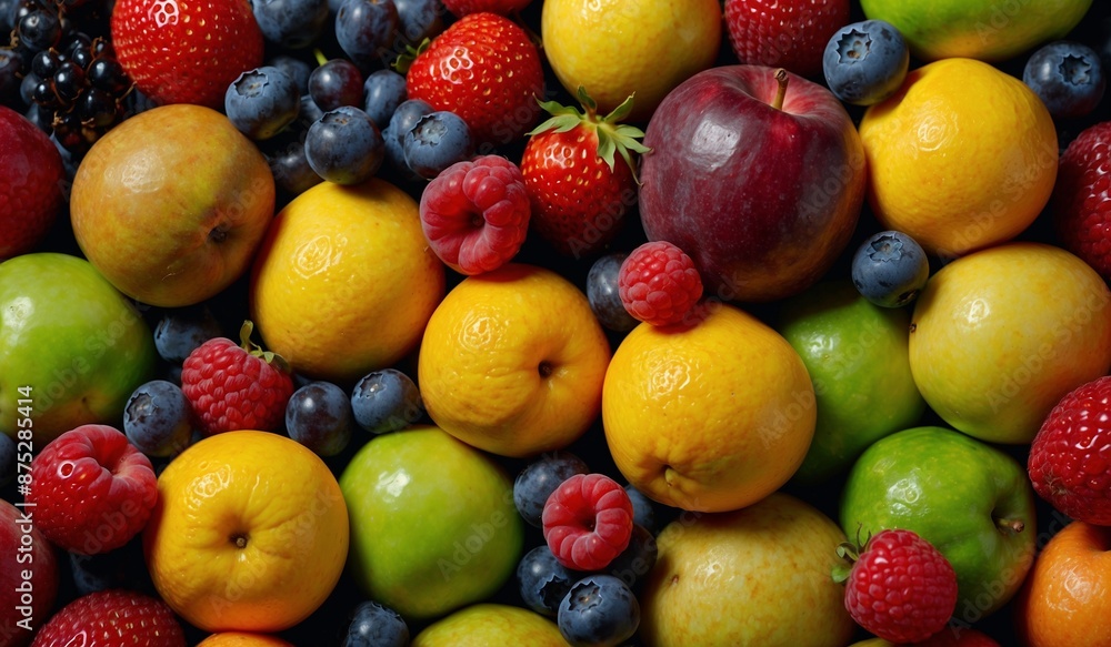 Top view of mixed fresh fruits, vibrant and colorful display. Top view of mixed fresh fruits, vibrant and colorful display.