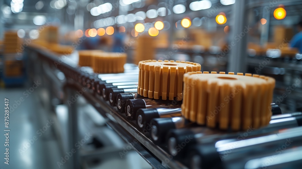 a conveyor belt and people in the background working in a factory a conveyor belt and people in the background working in a factory