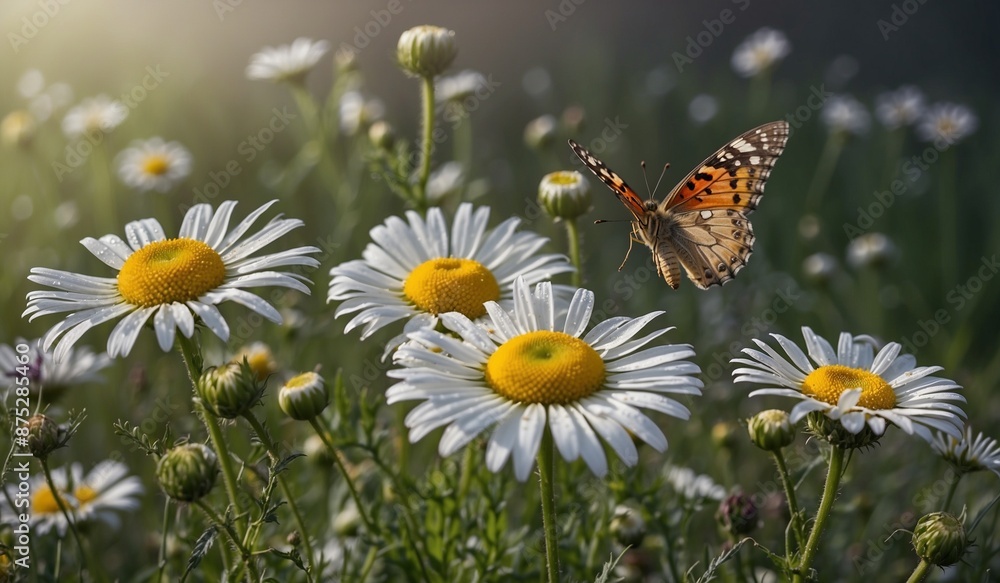 Butterfly soaring over daisies in a sunny wildflower meadow. Butterfly soaring over daisies in a sunny wildflower meadow.