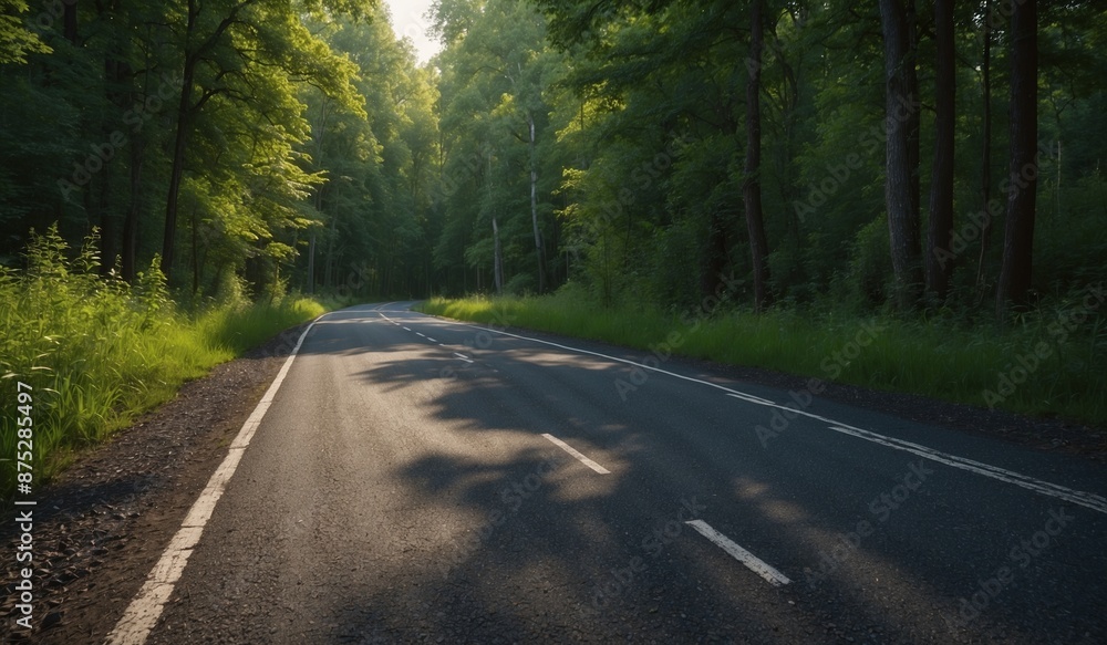 Obraz premium Scenic empty road winding through lush green forest area