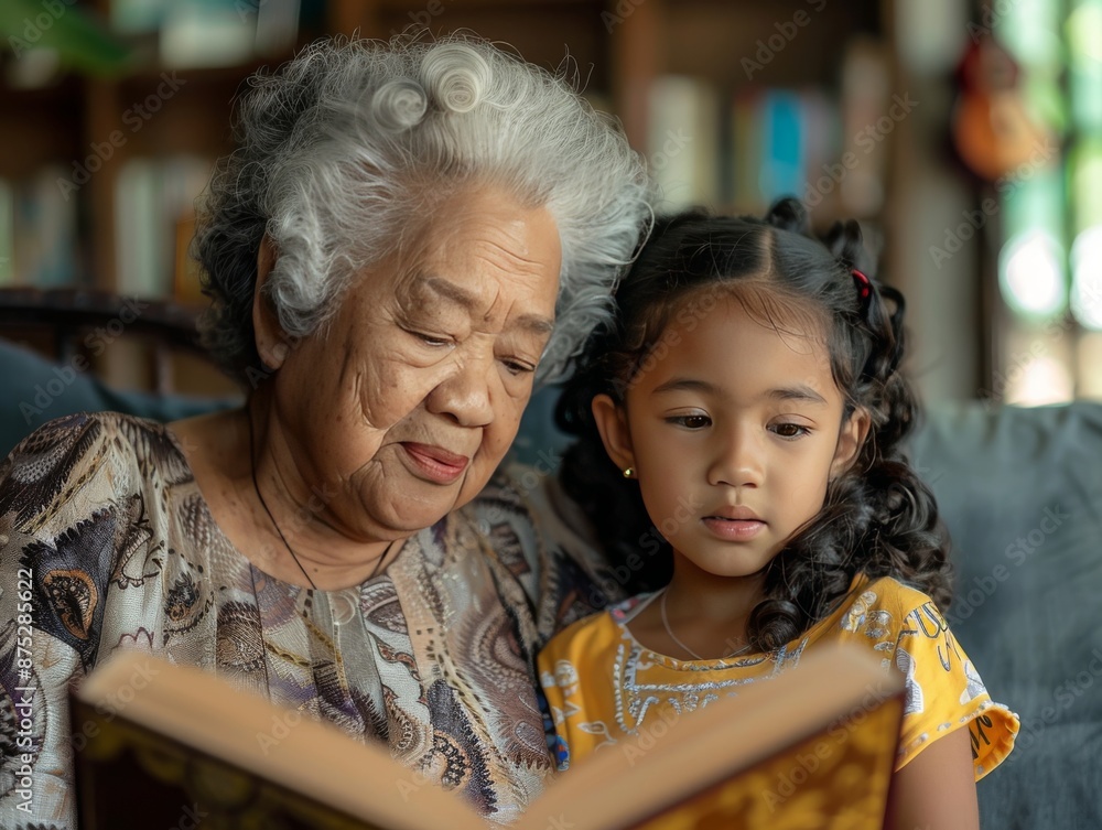 asian grandmother and her granddaughter reading book together at home, focus on girl's face, old woman with gray hair wearing elegant dress with patterned yellow top and white pants asian grandmother and her granddaughter reading book together at home, focus on girl's face, old woman with gray hair wearing elegant dress with patterned yellow top and white pants