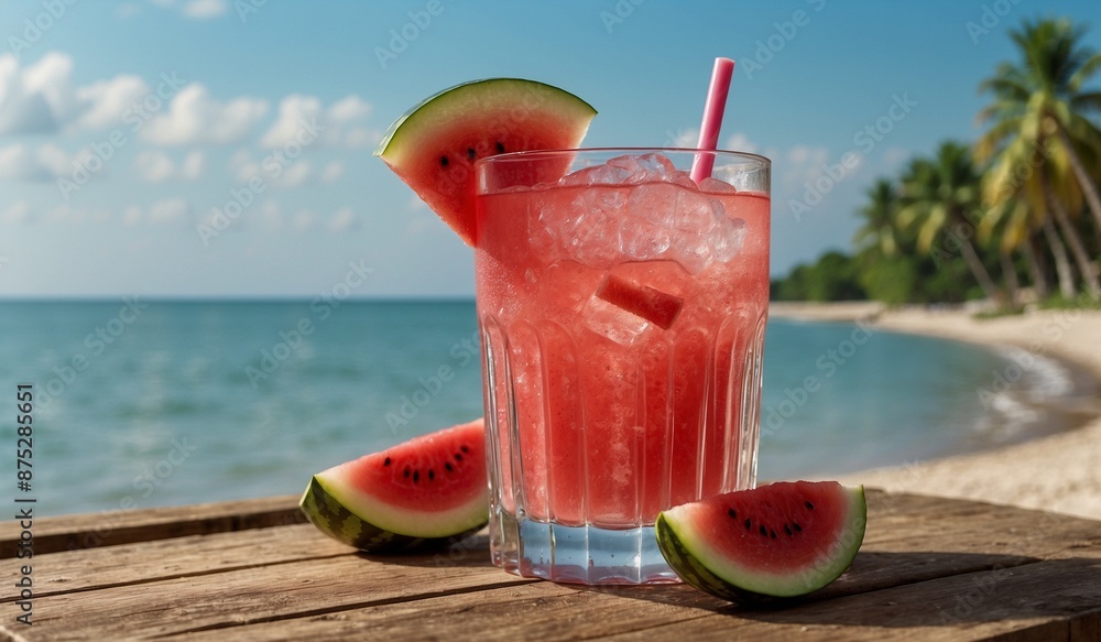 Refreshing watermelon drink garnished with melon slices. Refreshing watermelon drink garnished with melon slices.