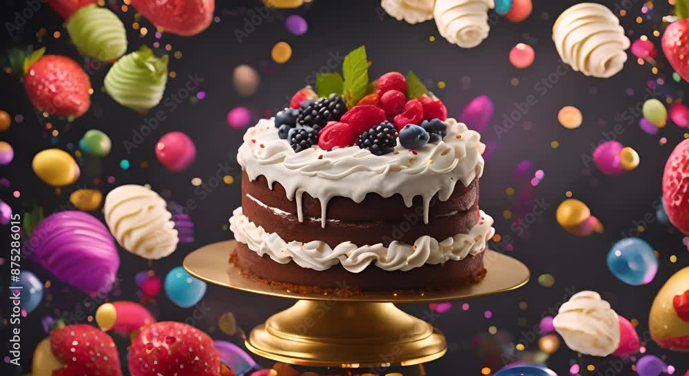 Colorful five layer cake with whipped cream and berries surrounded by festive confetti on dark background 4k animation Colorful five layer cake with whipped cream and berries surrounded by festive confetti on dark background 4k animation