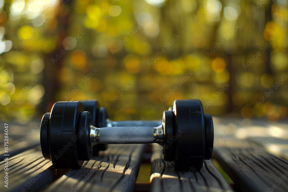 Fototapeta premium Dumbbells on Wooden Surface in a Lush Green Nature Background