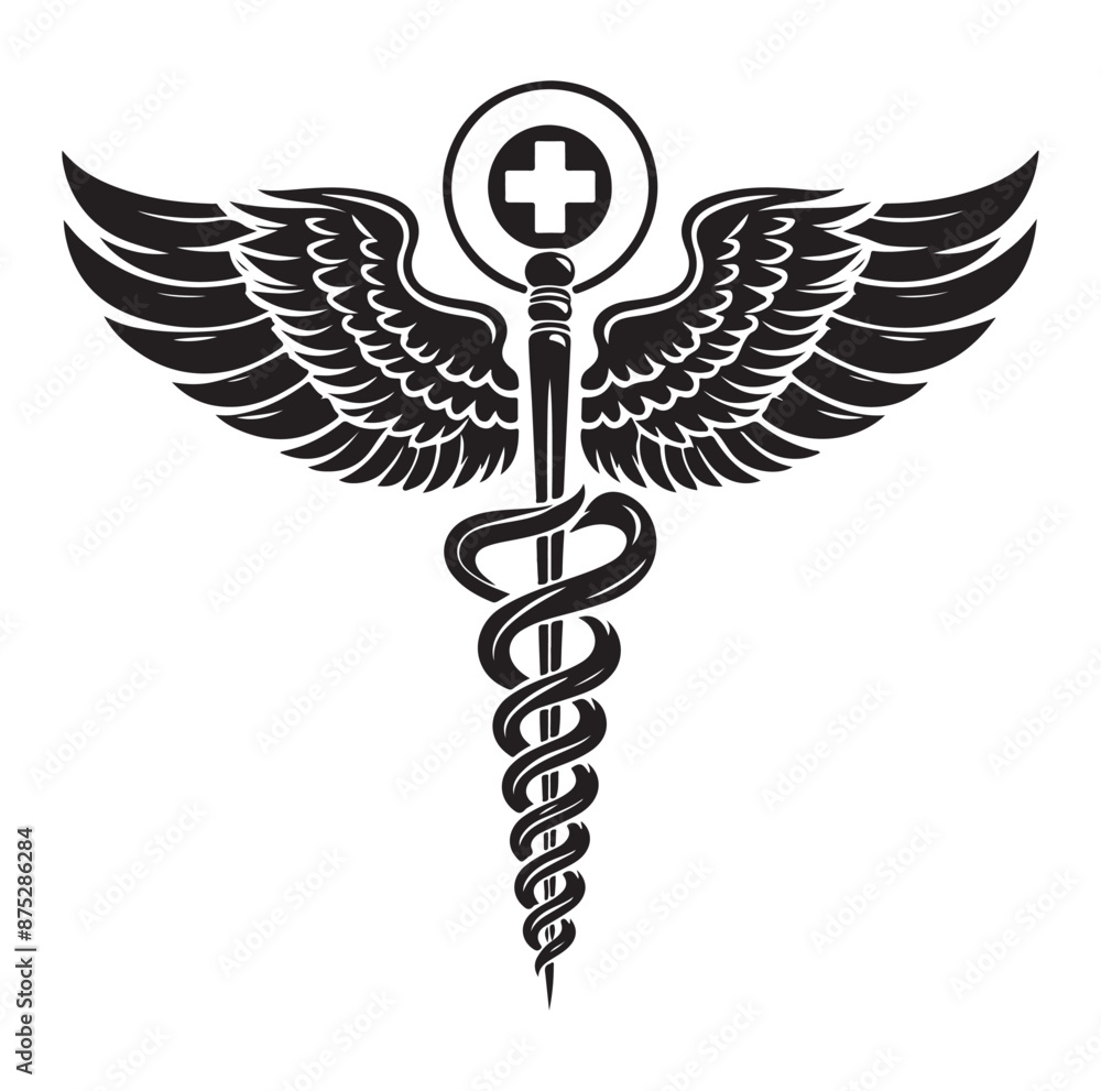 Caduceus health symbol Asclepius silhouette Vector Isolated Vector Illustration Caduceus health symbol Asclepius silhouette Vector Isolated Vector Illustration