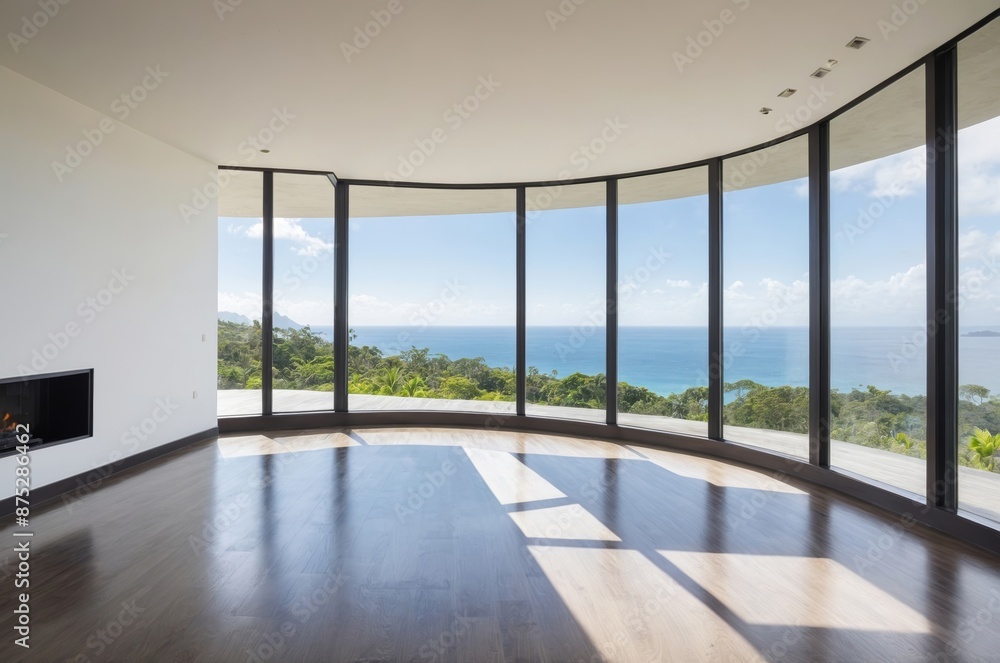 Fototapeta premium Modern minimalist empty living room with ocean view