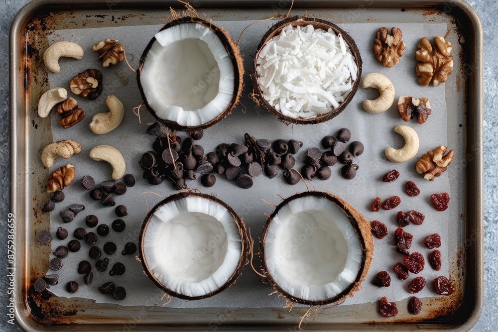 Coconut Delight - A Feast for the Senses with Chocolate Chips, Nuts, and Dried Fruits on Baking Sheet Coconut Delight - A Feast for the Senses with Chocolate Chips, Nuts, and Dried Fruits on Baking Sheet