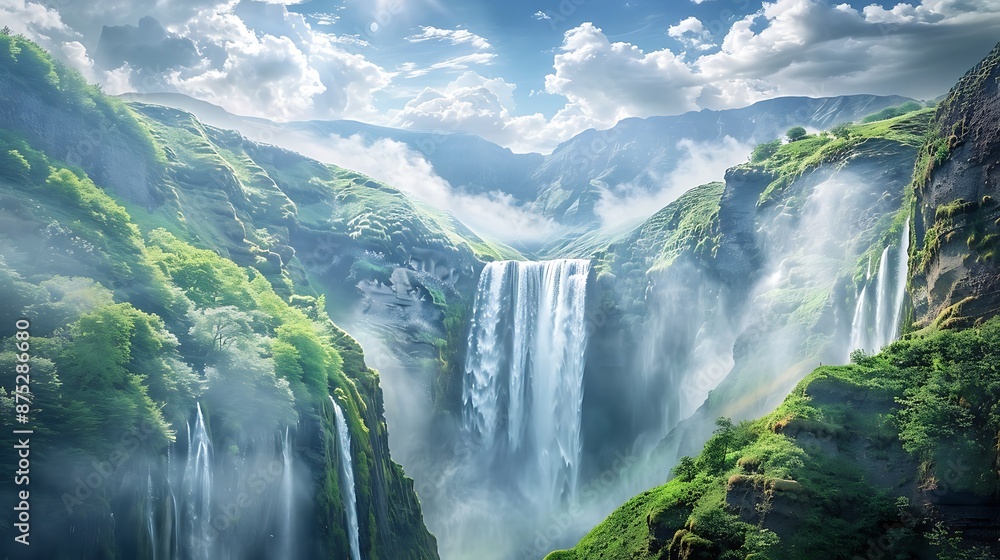 Majestic waterfall in a lush green canyon with a blue sky and white clouds Majestic waterfall in a lush green canyon with a blue sky and white clouds