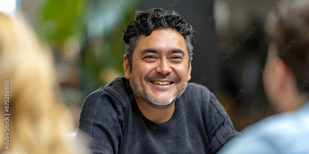 Latin American man smiling with colleagues in office meeting at a commercial company. Concept Corporate Office Culture, Team Building Activities, Workplace Diversity, Professional Portraits Latin American man smiling with colleagues in office meeting at a commercial company. Concept Corporate Office Culture, Team Building Activities, Workplace Diversity, Professional Portraits