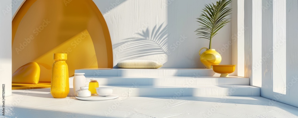 Minimalist summer podium with clean design and a single tropical plant, Contemporary, High contrast, Digital photography Minimalist summer podium with clean design and a single tropical plant, Contemporary, High contrast, Digital photography