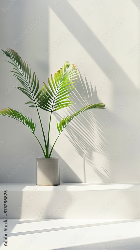 Minimalist summer podium with clean design and a single tropical plant, Contemporary, High contrast, Digital photography Minimalist summer podium with clean design and a single tropical plant, Contemporary, High contrast, Digital photography