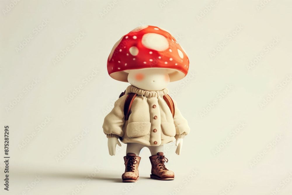 Fototapeta premium Cute mushroom character with backpack and boots in winter outfit concept