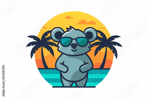 Koala T-shirt design, sticker. Cartoon Style. hanging out at the beach wearing sunglasses. Beach scene with palms, ocean and warm sky in the background 