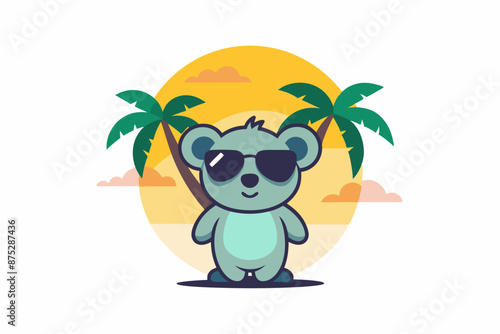 Koala T-shirt design, sticker. Cartoon Style. hanging out at the beach wearing sunglasses. Beach scene with palms, ocean and warm sky in the background 