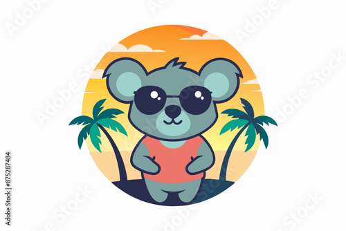 Koala T-shirt design, sticker. Cartoon Style. hanging out at the beach wearing sunglasses. Beach scene with palms, ocean and warm sky in the background 