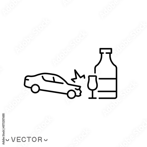 accident due to drunk driving icon, consequences of drunk driving, crash car with wine bottle, thin line symbol isolated on white background, editable stroke eps 10 vector illustration