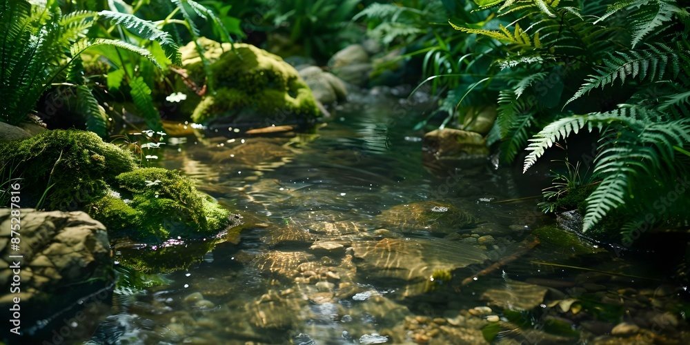 Tranquil Forest Stream Featuring Clear Water, Rocks, Moss, Ferns, and Plants. Concept Nature Photography, Landscape Images, Outdoor Scenery, Serene Stream Shots Tranquil Forest Stream Featuring Clear Water, Rocks, Moss, Ferns, and Plants. Concept Nature Photography, Landscape Images, Outdoor Scenery, Serene Stream Shots