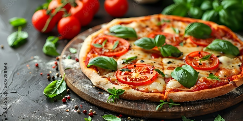 A Vegetarian Italian Dinner Featuring Tomato and Cheese Pizza. Concept Vegetarian, Italian cuisine, Tomato and cheese pizza, Dinner, Cooking at home A Vegetarian Italian Dinner Featuring Tomato and Cheese Pizza. Concept Vegetarian, Italian cuisine, Tomato and cheese pizza, Dinner, Cooking at home