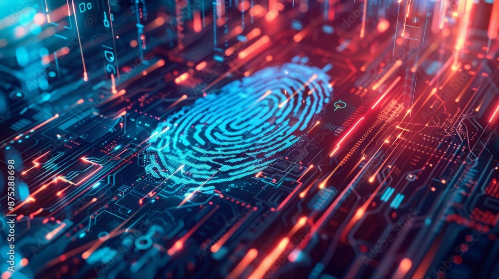 Digital Impression: Abstract Fingerprint with Glowing Lines Amidst High-Tech Security and Cyber-Themed Color Scheme Digital Impression: Abstract Fingerprint with Glowing Lines Amidst High-Tech Security and Cyber-Themed Color Scheme
