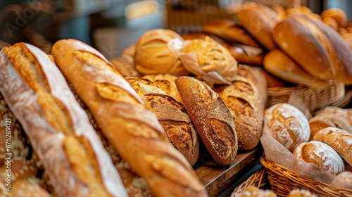  A variety of fresh snacks and breads arranged for sale on a bakery shelf. Interior view of a bakery counter showcasing food on display