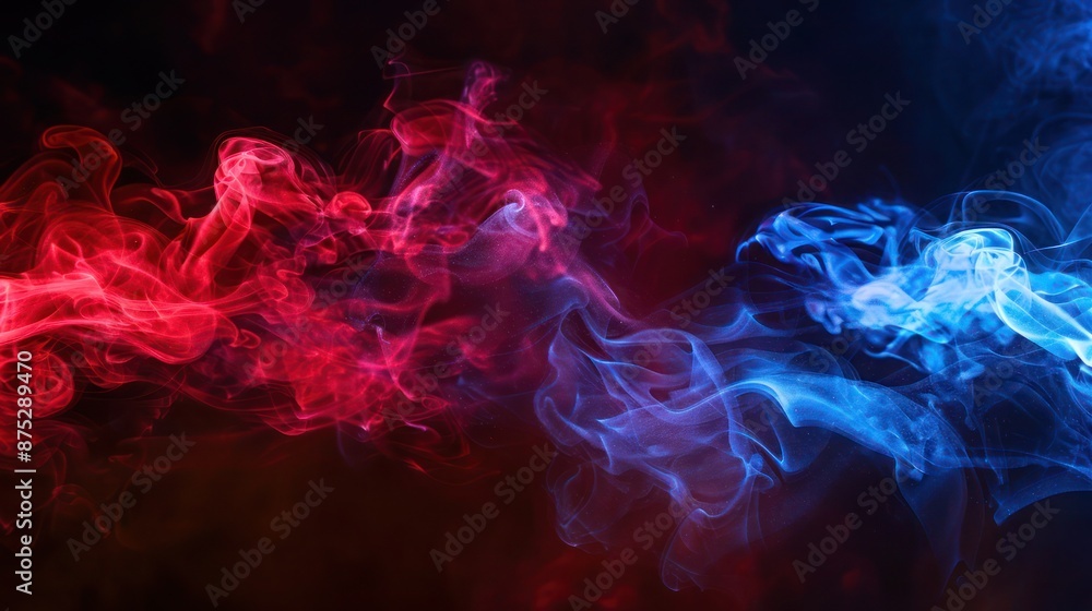 Artificial smoke in red-blue light on black background in darkness Artificial smoke in red-blue light on black background in darkness