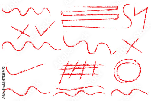 Chalk scribble arrow, line brush set. Crayon arrow, underline, handwritten mark check elements. Vector hand drawn scribble crayon, marker sketch brush texture. Rough chalk vector illustration