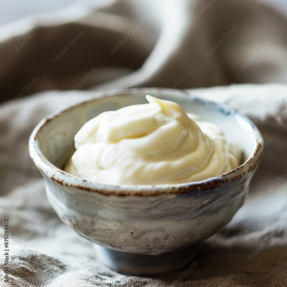 A bowl of creamy mayonnaise, with the texture resembling soft cream cheese and a smooth sheen on top, sits atop an elegant linen tablecloth A bowl of creamy mayonnaise, with the texture resembling soft cream cheese and a smooth sheen on top, sits atop an elegant linen tablecloth