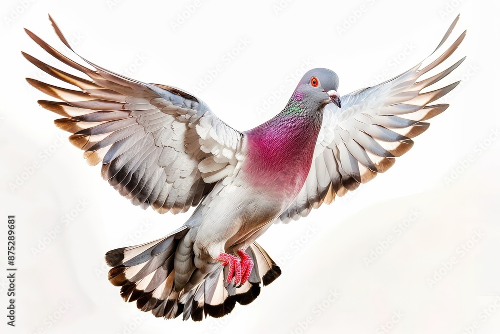 Beautiful full-bodied flying pigeon in flight with spread wings and tail on a white background, in pink, purple and green colors Beautiful full-bodied flying pigeon in flight with spread wings and tail on a white background, in pink, purple and green colors