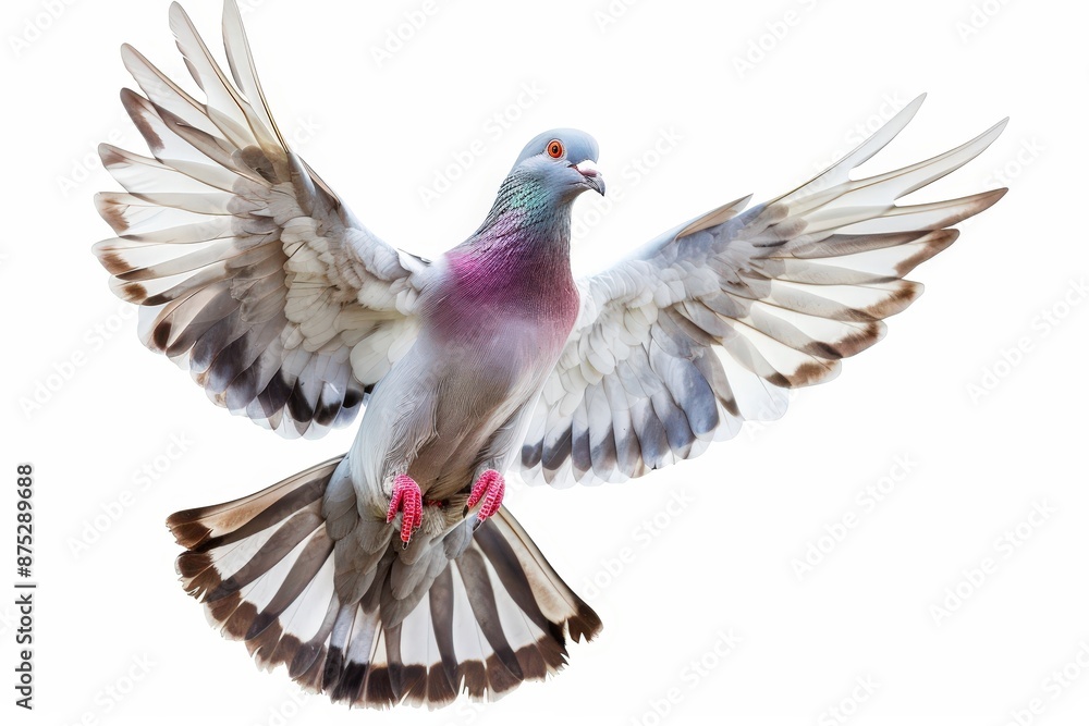 Obraz premium Beautiful full-bodied pigeon flying in a white background, with spread wings and colored feathers with pink and green on its chest. Isolated against a white background