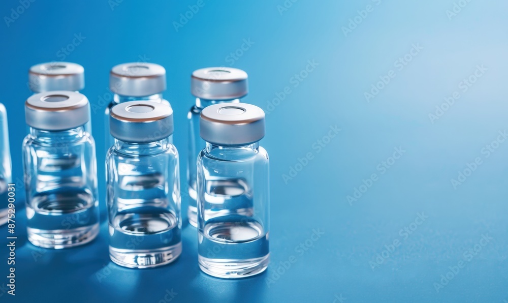 Medical vials and syringes lie beside clear bottles containing pills and water Medical vials and syringes lie beside clear bottles containing pills and water