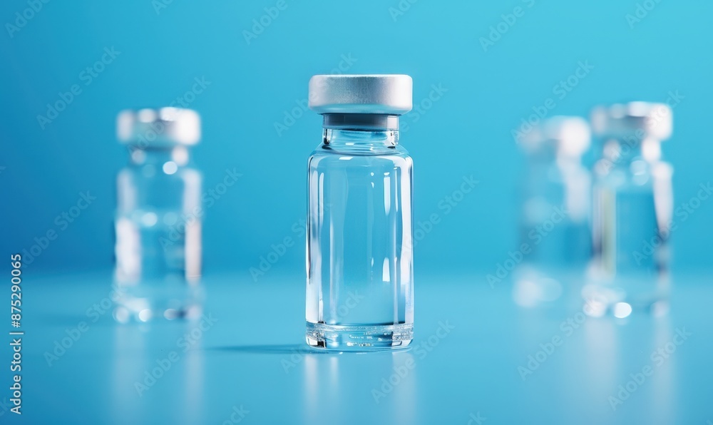 A clear glass vial with no labels, centered on an isolated blue background, surrounded by other similar bottles A clear glass vial with no labels, centered on an isolated blue background, surrounded by other similar bottles