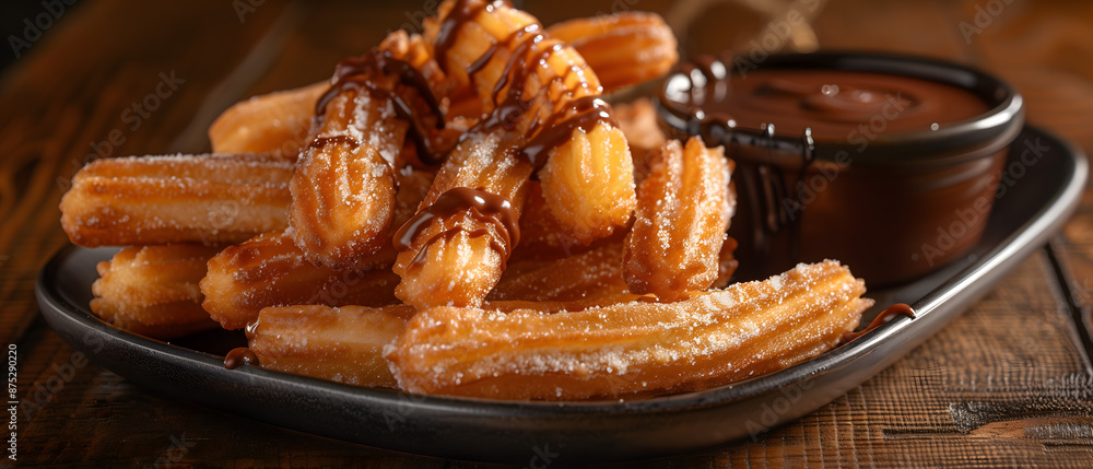 Delicious Churros Drizzled with Chocolate Sauce on a White Plate Delicious Churros Drizzled with Chocolate Sauce on a White Plate