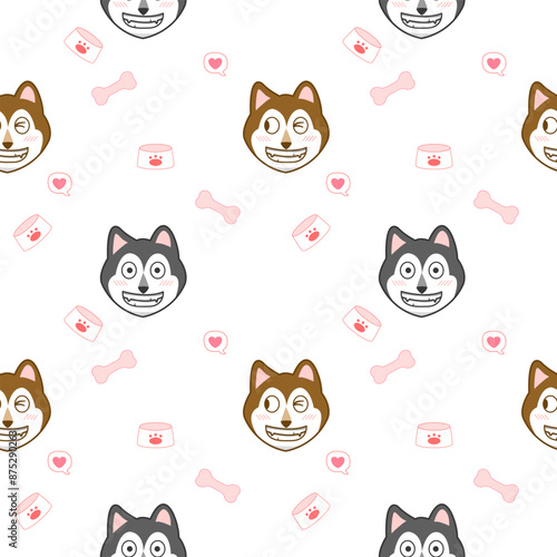 Wallpaper Mural siberian husky face cartoon dog smile.on pink bone mini heart background white. Pattern seamless vector and illustration. Torontodigital.ca