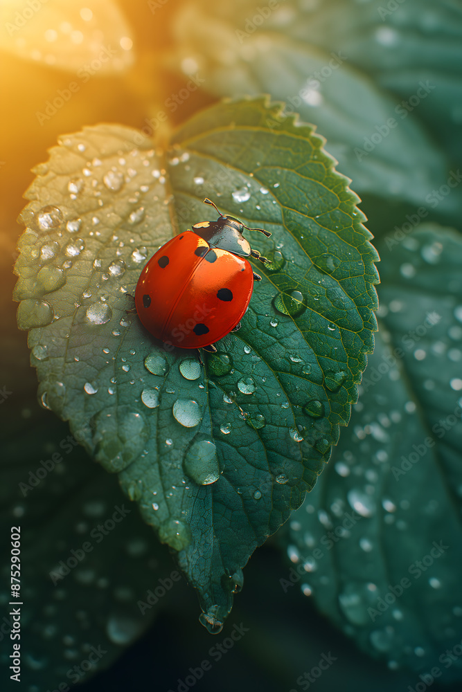 Obraz premium Ladybug on a Dewy Leaf in Vivid Natural Environment