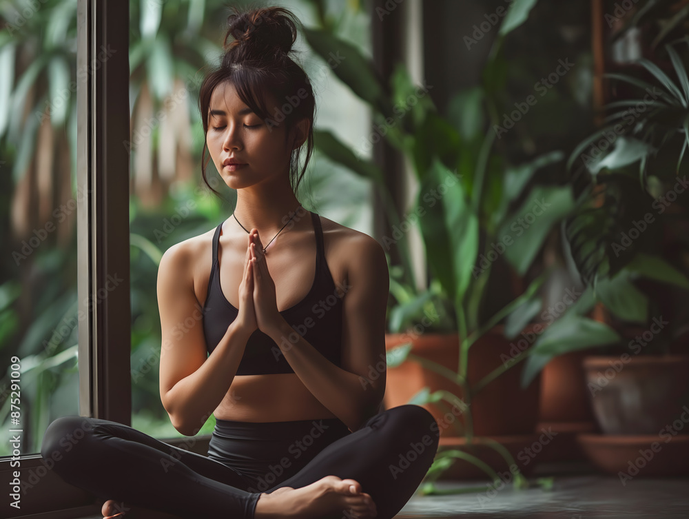 Fototapeta premium Serene Young Woman Practicing Yoga Meditation Indoors with Plants
