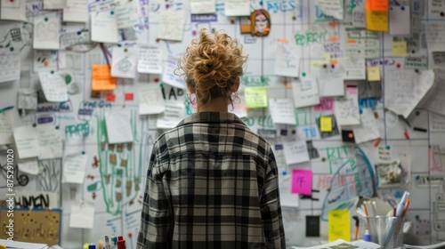 Overwhelmed Person Standing in Front of Cluttered Whiteboard; Exhausted and Disorganized Concept