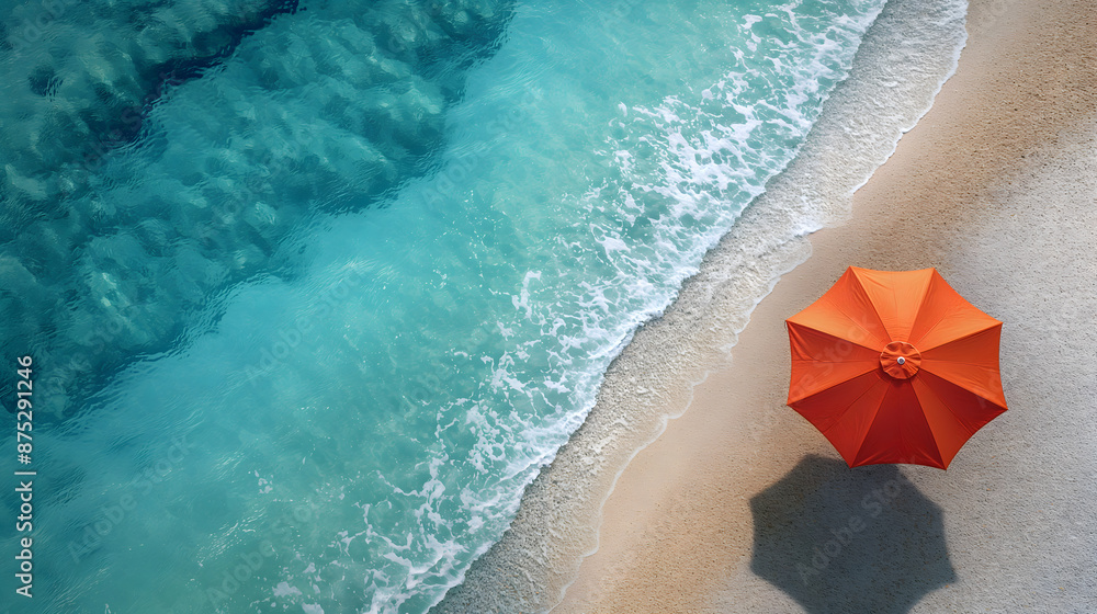 Obraz premium Tranquil Beach Scene with Orange Sun Lounger and Umbrella
