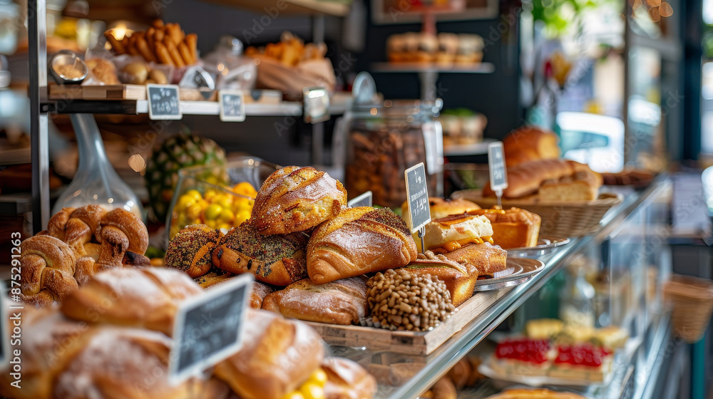 A variety of fresh snacks and breads arranged for sale on a bakery shelf. Interior view of a bakery counter showcasing food on display A variety of fresh snacks and breads arranged for sale on a bakery shelf. Interior view of a bakery counter showcasing food on display