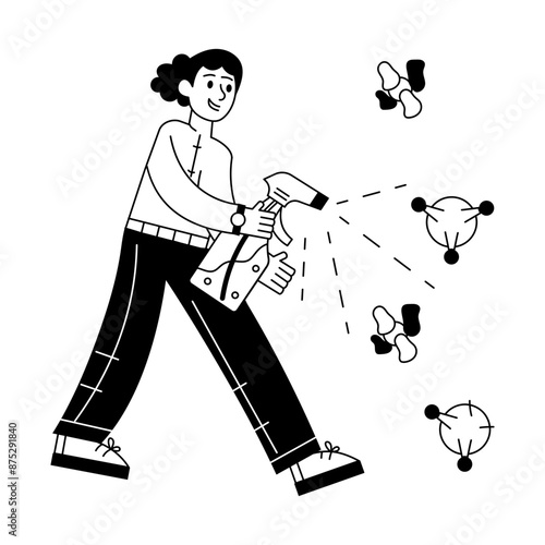 This outline illustration showing person killing germs with spray 

