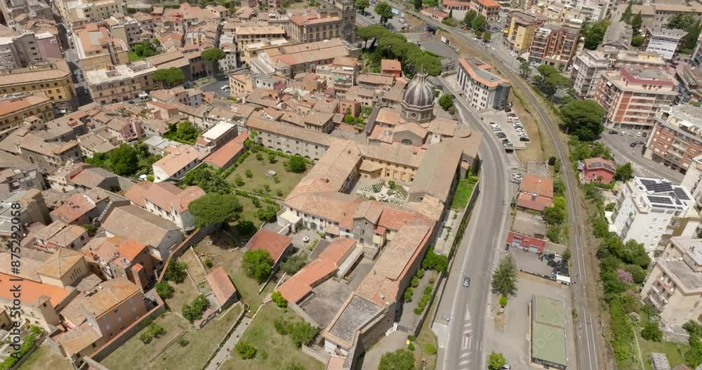 Aerial view of the Santa Rosa monastery in Viterbo, Lazio, Italy. The church has an external cloister and is a Catholic building of worship in the historic center of the city. Aerial view of the Santa Rosa monastery in Viterbo, Lazio, Italy. The church has an external cloister and is a Catholic building of worship in the historic center of the city.