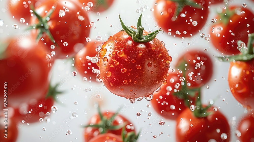 Fresh separated ripe tomatoes falling in air, on white background. Generative AI. Fresh separated ripe tomatoes falling in air, on white background. Generative AI.
