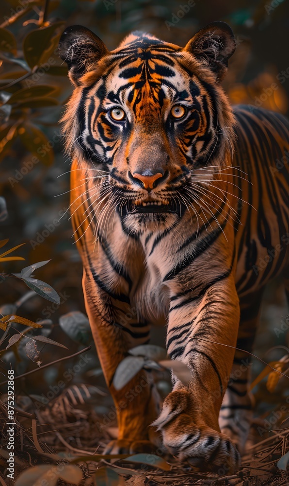 A tiger walking through a forest filled with leaves A tiger walking through a forest filled with leaves