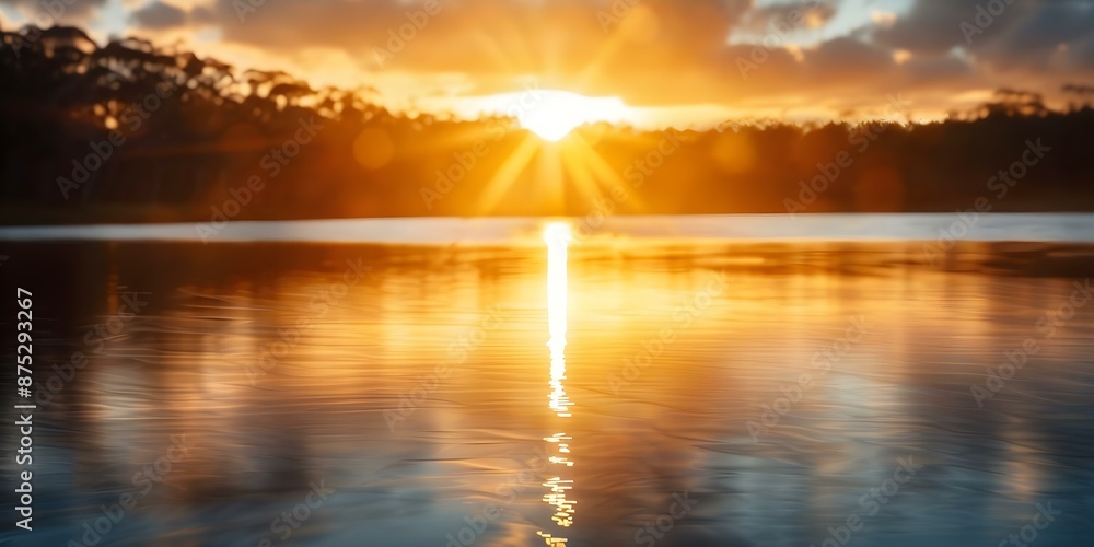 Obraz premium Golden Glow Sun setting behind trees illuminating solar panels by the lake. Concept Nature Photography, Solar Power, Sunset Captures, Renewable Energy, Lakeside Views