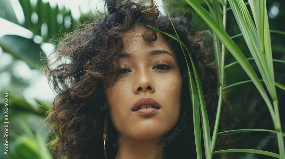 An Asian woman with voluminous curls, in a natural outdoor setting An Asian woman with voluminous curls, in a natural outdoor setting