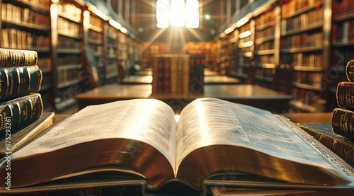 A scholarly vignette with an open book on a desk, the depth of field focusing on the pages with a backdrop of a sunlit library filled with rows of book. Generative AI.