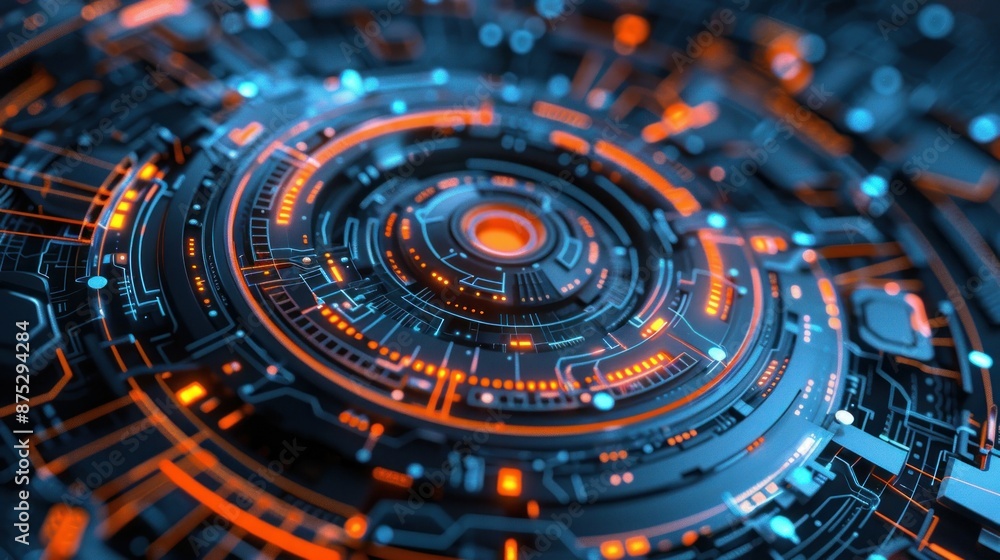 Futuristic Technology Interface with Glowing Orange and Blue Lights Futuristic Technology Interface with Glowing Orange and Blue Lights