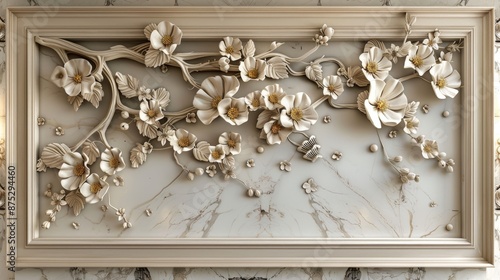 Intricate white floral carving framed in a wood frame against a white marble background.