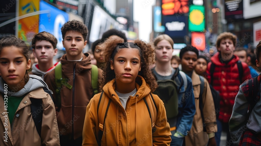 Young Girl Stands Out Crowd Urban Setting Focused Determined Individuality Young Girl Stands Out Crowd Urban Setting Focused Determined Individuality