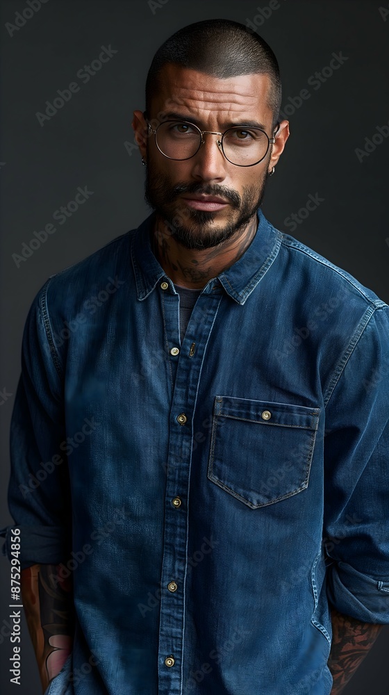 Obraz premium Stylish Tattooed Man Denim Shirt Round Glasses Portrait