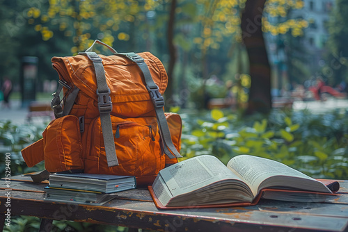 A peaceful urban park with an orange backpack and open books on a table, blurred movements of city life and natural park elements combining in the background. Generative AI.
